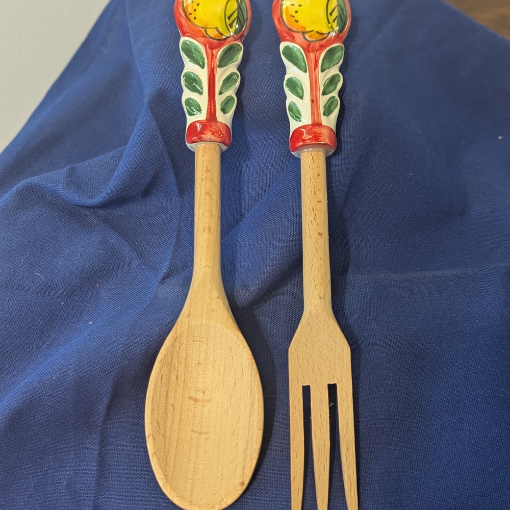 Colorful  Roma Wooden Salad Fork and Spoon Set With Ceramic Decorative Handles